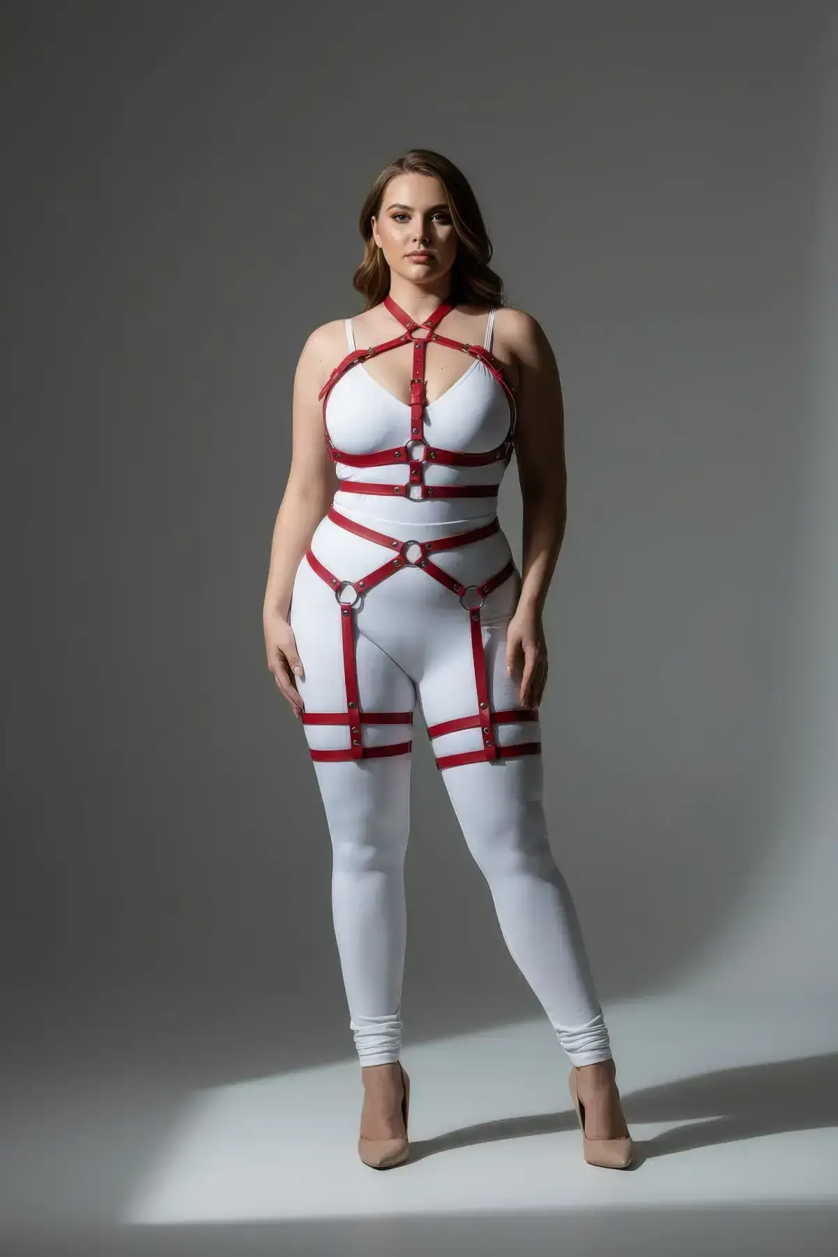 Plus Size Red Women's Garter Harness Full Body Wrap Leather Fantasy Accessory - SH598