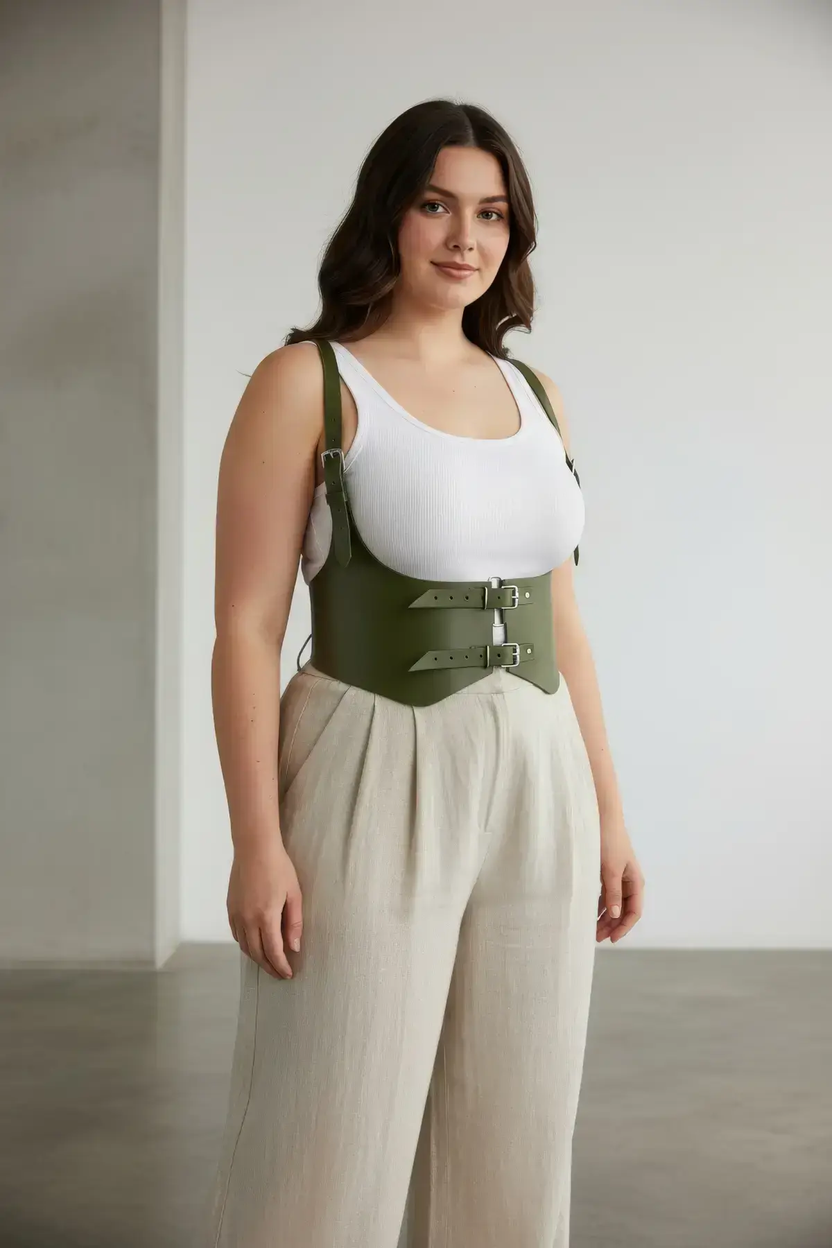 Plus Size Khaki Women's Belt Corset Style Shoulder Strap Double Buckle - SH612
