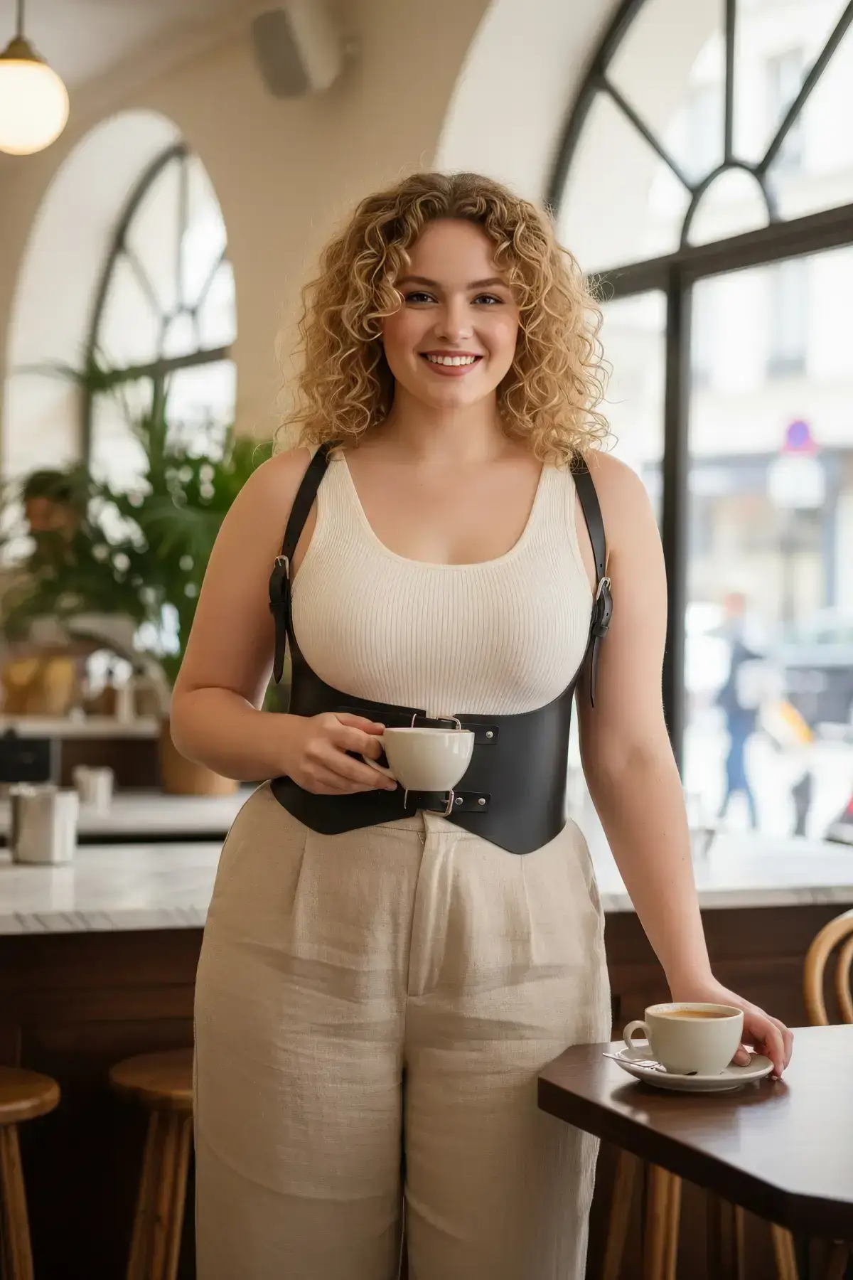 Plus Size Black Women's Leather Corset Belt with Shoulder Straps Outfit Complementary - SH612