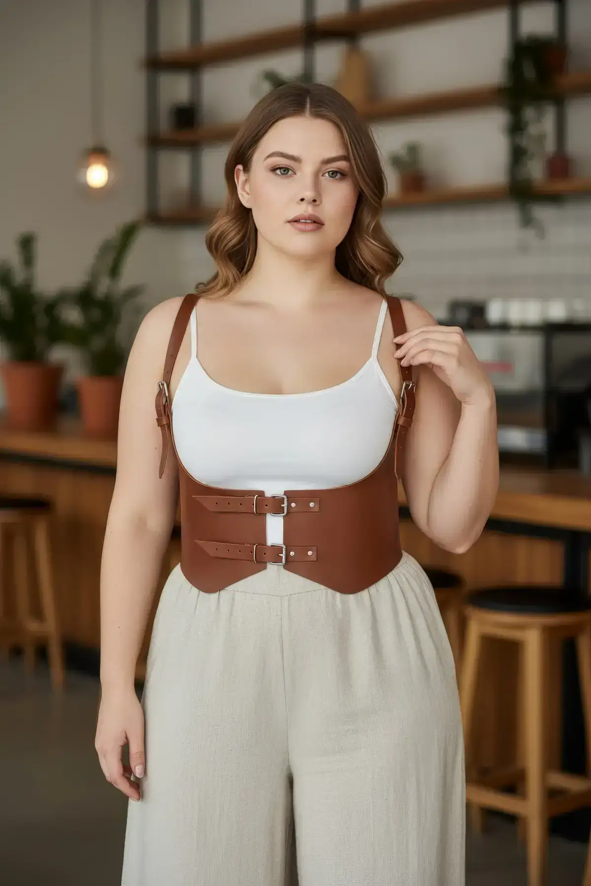 Plus Size Women's Belted Shoulder Strap Corset Detail Leather Outfit - SH612