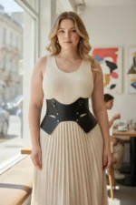 Plus Size Black Women's Belt Corset Style with Wide Leather Ring Detail - SH619