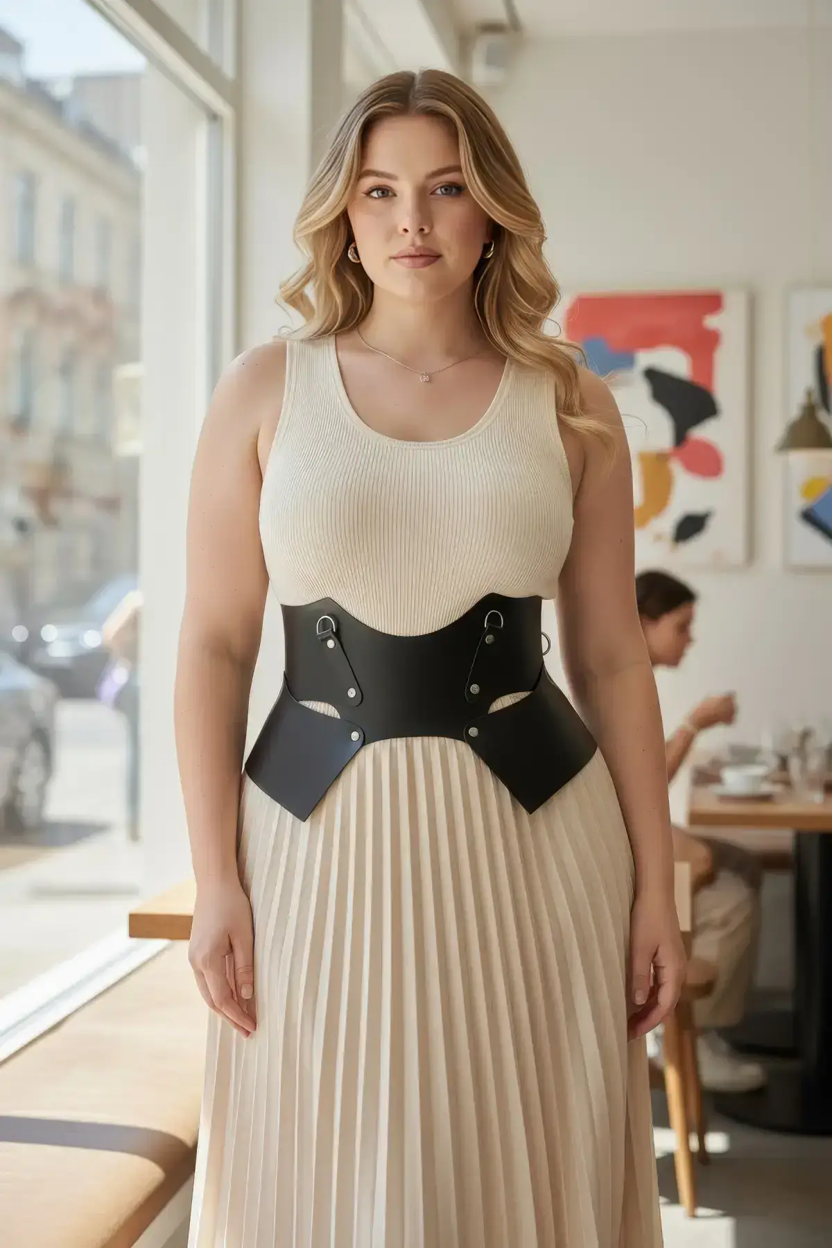 Plus Size Black Women's Belt Corset Style with Wide Leather Ring Detail - SH619