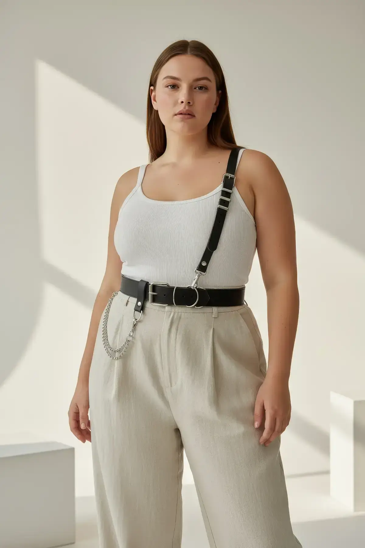 Plus Size Black Women's Belt with Chain Detail Harness Design - SH620