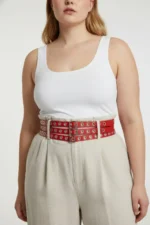 Plus Size Red Women's Belt, Thick Leather Waist Accessory with Multiple Buckles - SH641 - Image 5