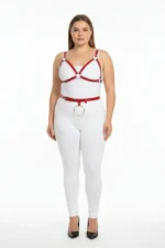 Plus Size Red Women's Leather Harness Set with Ring Detail Bra and Belt Combination - SH651 - Image 2