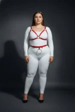 Plus Size Red Women's Leather Harness Set with Ring Detail Bra and Belt Combination - SH651 - Image 4