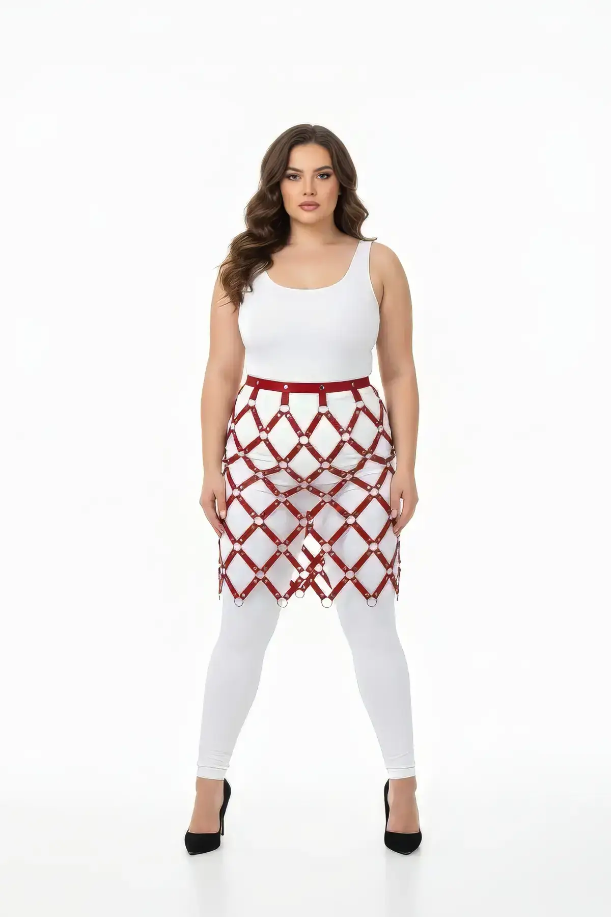 Kırmızı Büyük Beden Kafes Detaylı Harnesslı Deri Etek SH694