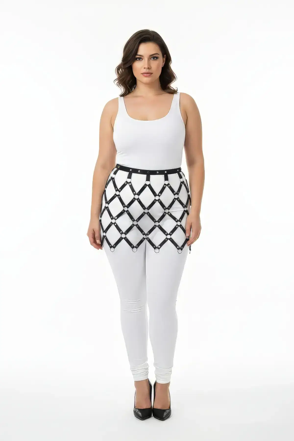 Siyah Büyük Beden Halka Detaylı Harness Aksesuarlı Deri Etek SH696