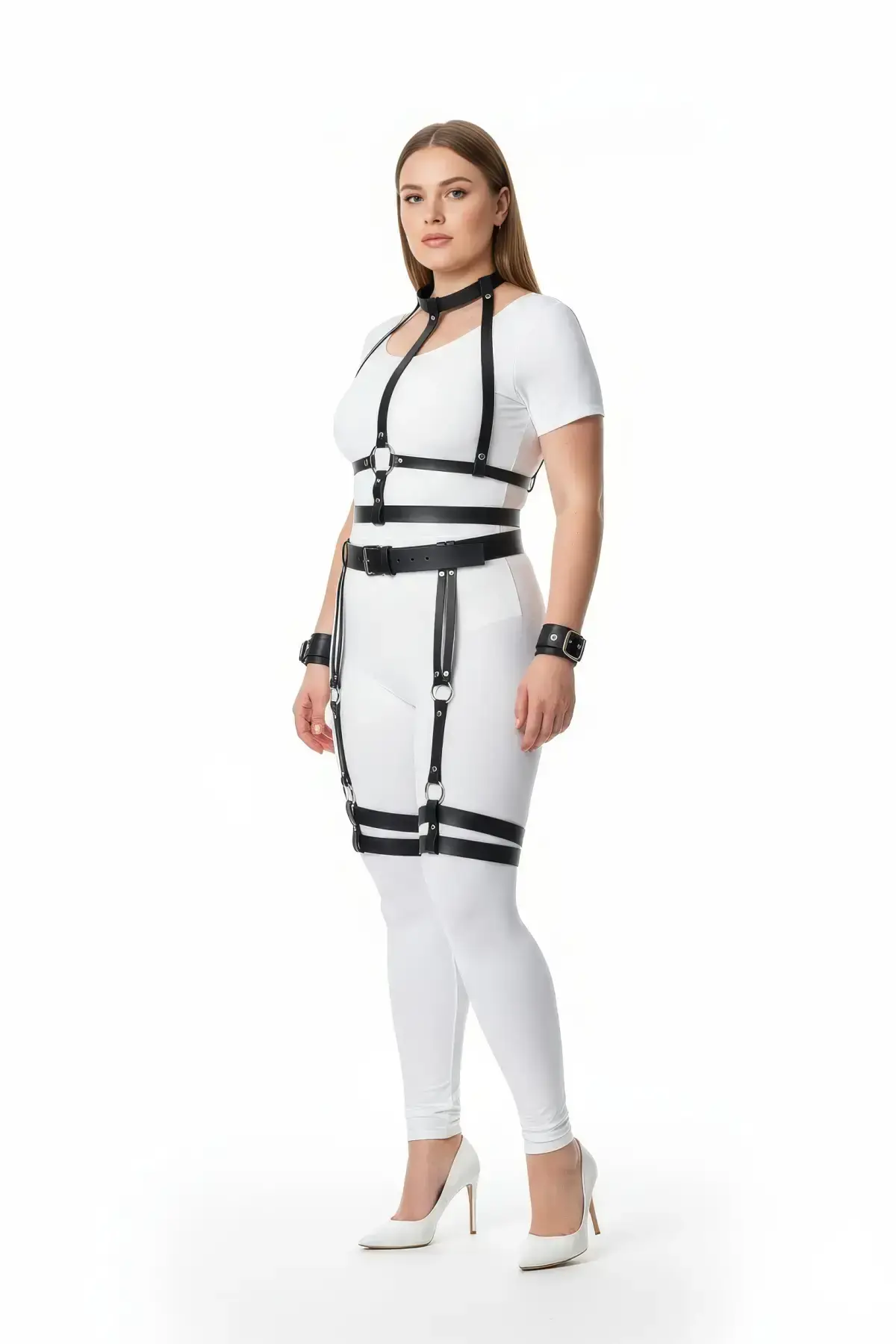 Plus Size Black Women's Harness Set with Garter Belt, Leather Body Accessory - SH697