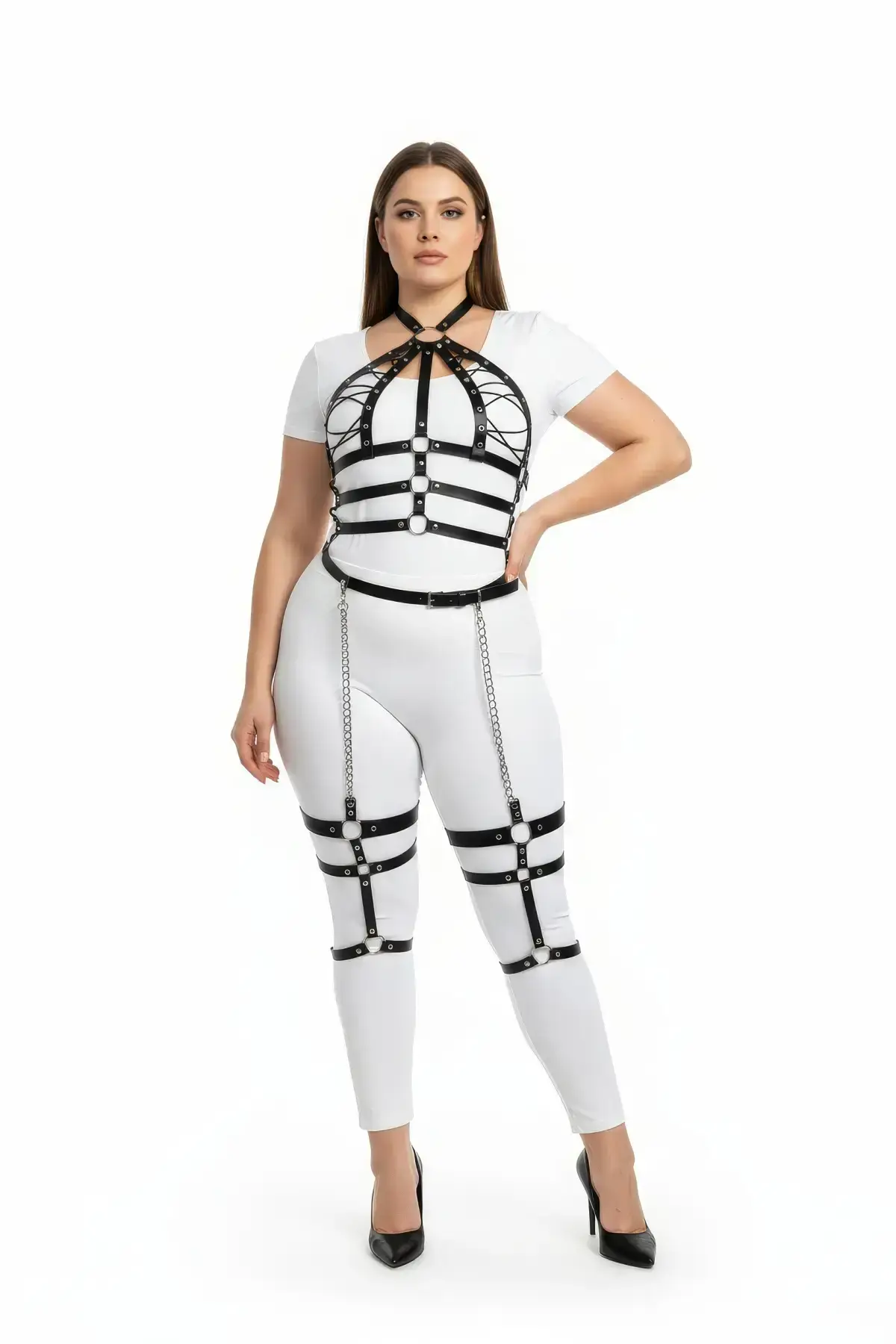 Plus Size Black Women's Harness Set with Chain Detail, Full Body Leather Accessory - SH698