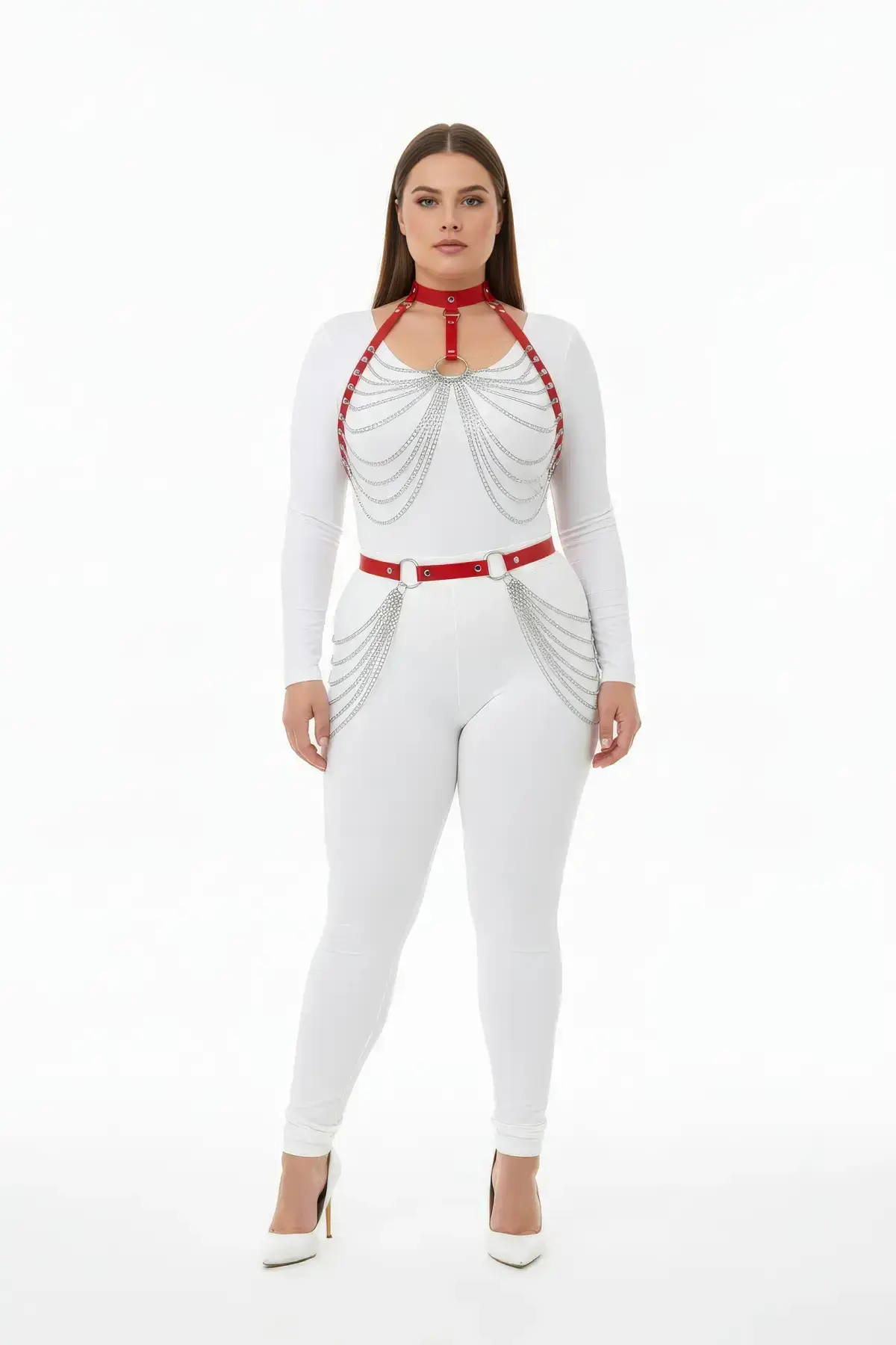 Plus Size Red Women's Harness Set with Chain Detail Leather Fancy Body Accessory - SH701