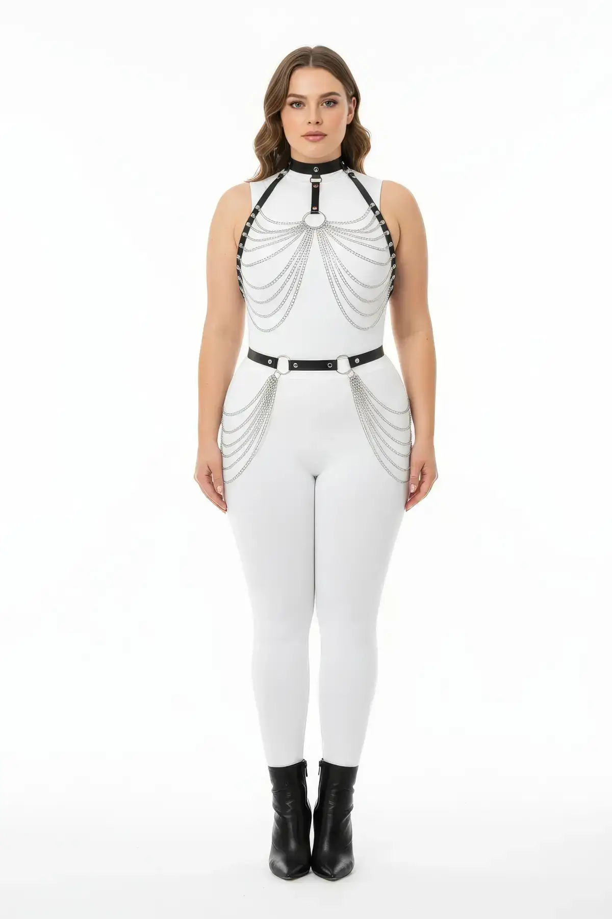 138606.webp Plus Size Black Women's Harness Set with Chain Detail, Leather Fancy Accessory - SH701 - Image 1