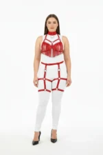 Plus Size Red Women's Leather Harness Set with Tassel Detail and Garter Belt - SH715