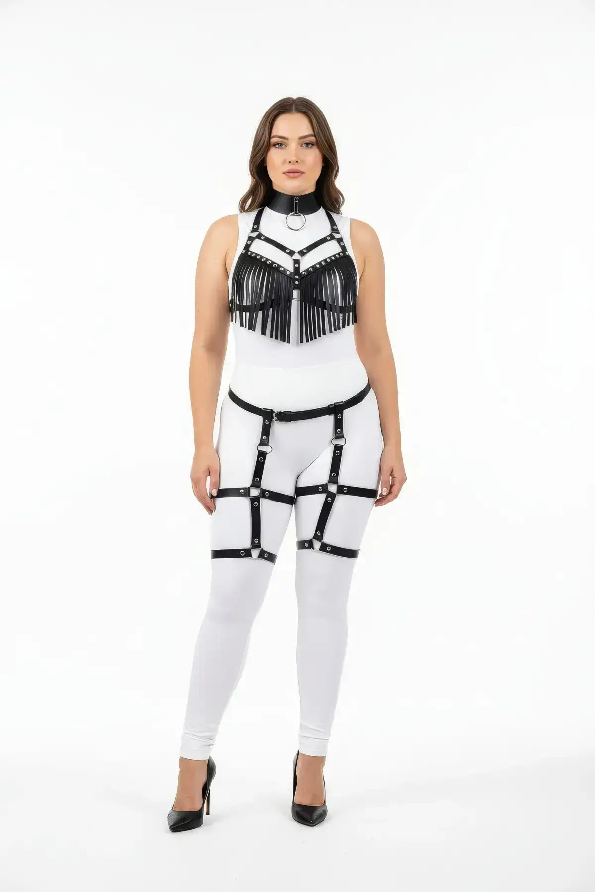 Plus Size Black Women's Harness Set with Tassels, Leather-Look Garter, Fantasy Accessory - SH715