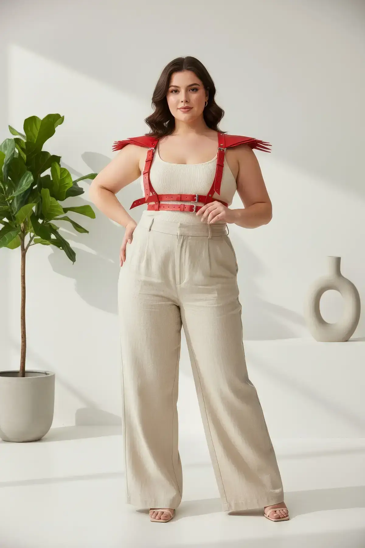 Plus Size Red Women's Leather Belt Harness with Shoulder Detail Body Accessory - SH717