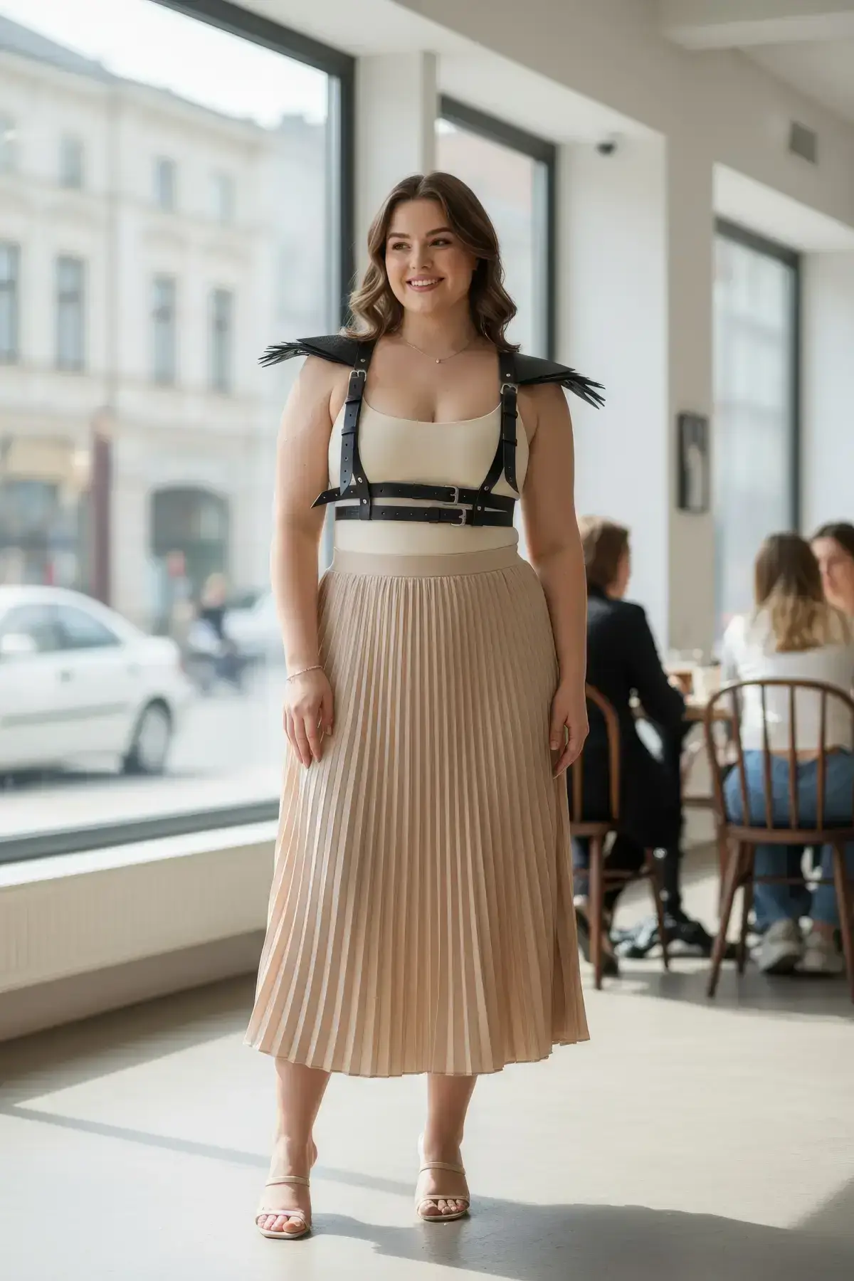 Plus Size Black Women's Leather Body Accessory with Belt and Shoulder Detail - SH717