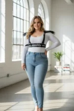 Plus Size Black Women's Leather Body Accessory with Belt and Shoulder Detail - SH717 - Image 2