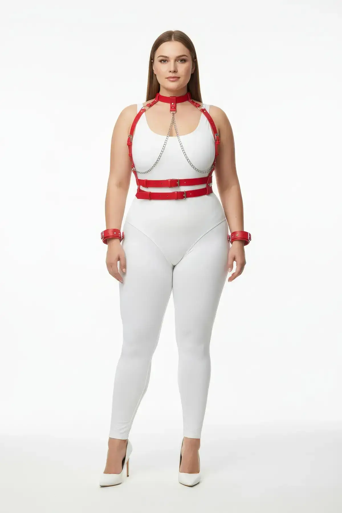 Plus Size Red Women's Leather Harness Set with Chain Detail Fantasy Accessory - SH720