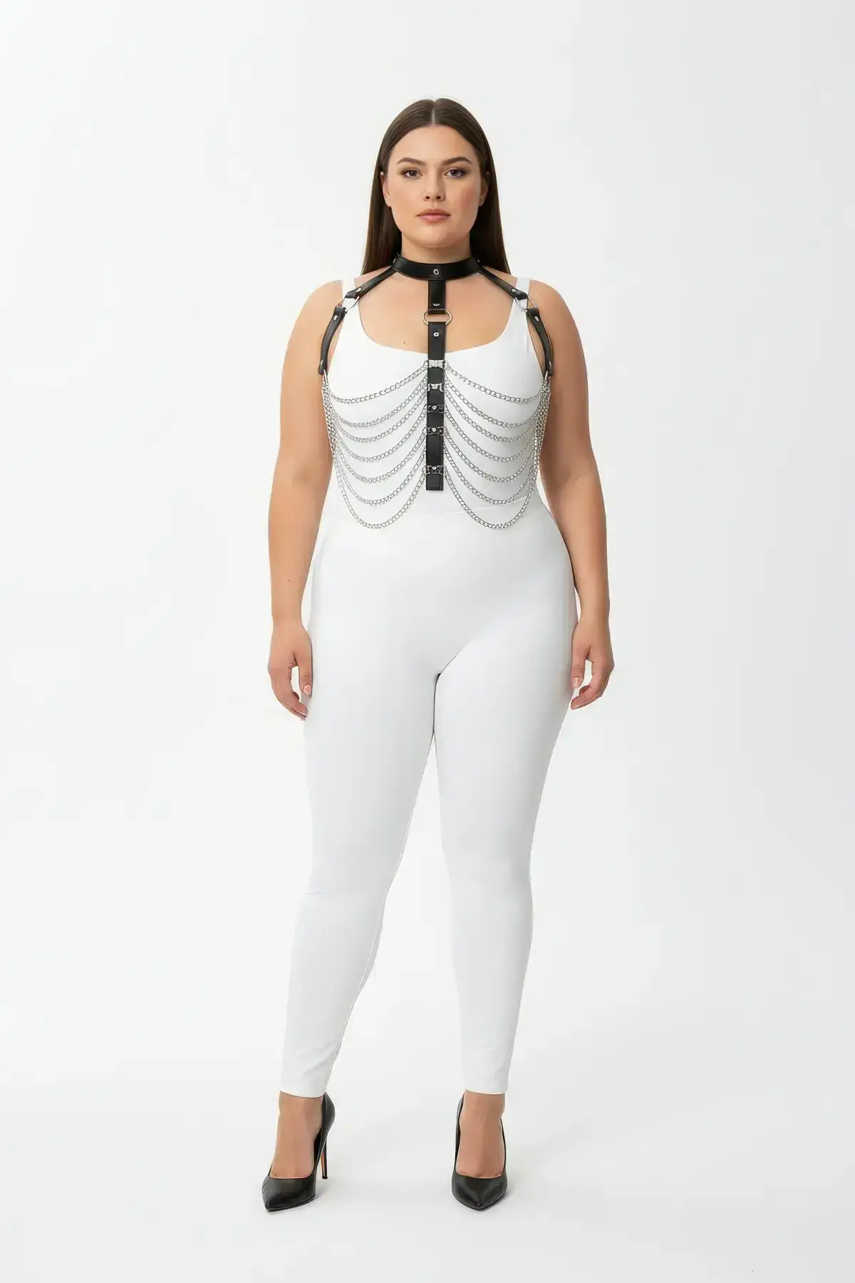 Plus Size Black Women's Harness Set with Chain and Ring Detail, Leather Body Accessory - SH721