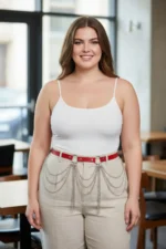 Plus Size Red Women's Leather Belt with Chain Detail Outfit Accessory - SH729