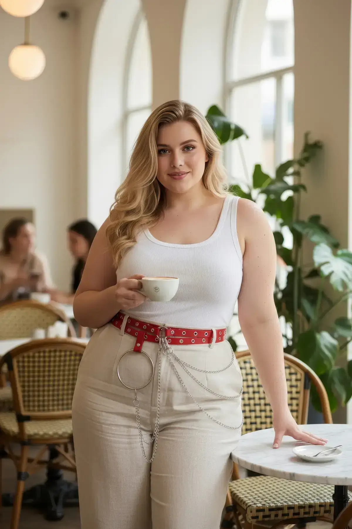 Plus Size Red Women's Belt with Chain and Ring Detail, Leather Look - SH731