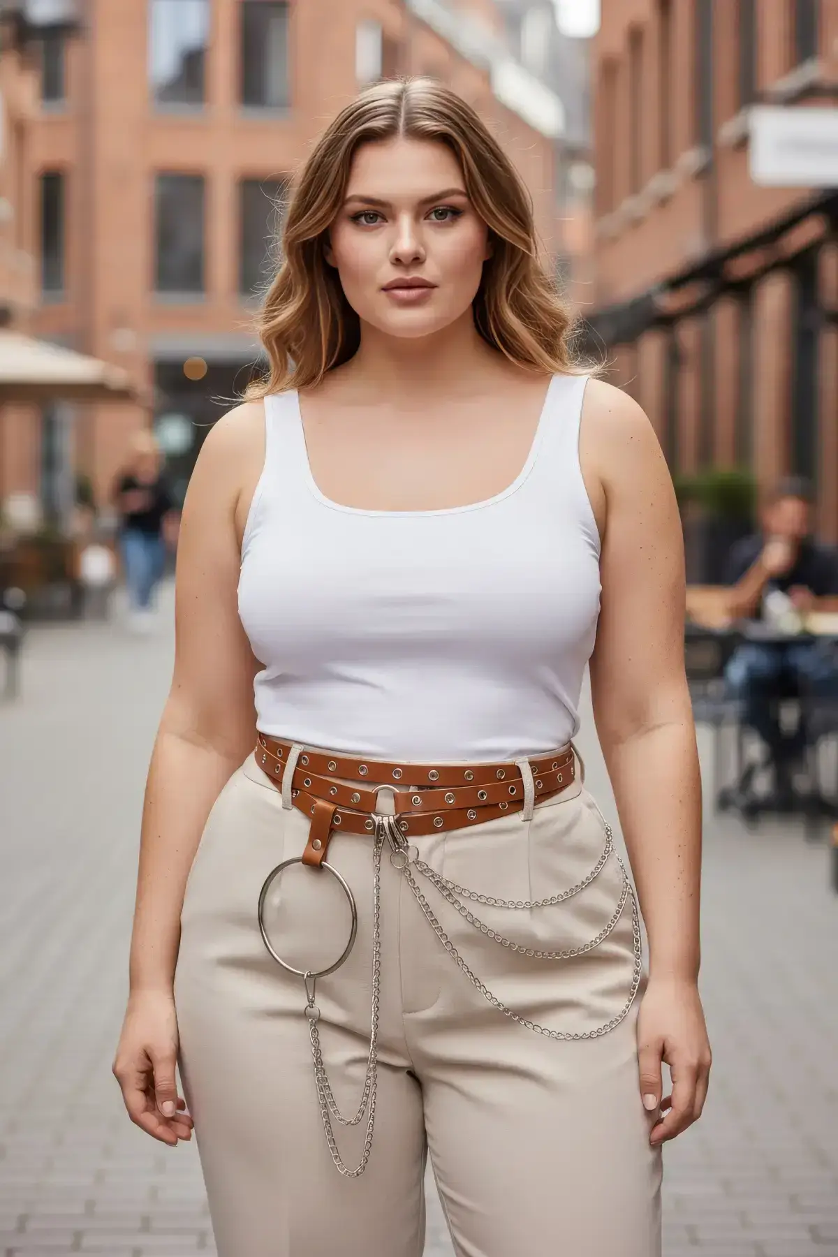 Plus Size Women's Belt with Chain Detail and Ring Embellished Trendy Design - SH731