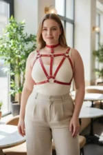 Plus Size Red Women's Leather Harness Body Accessory with Belt and Ring Detail - SH747