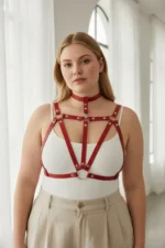 Plus Size Red Women's Leather Harness Body Accessory with Belt and Ring Detail - SH747 - Image 3
