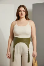 Plus Size Khaki Women's Belt with Tassel Detail, Wide Leather - SH755 - Image 3