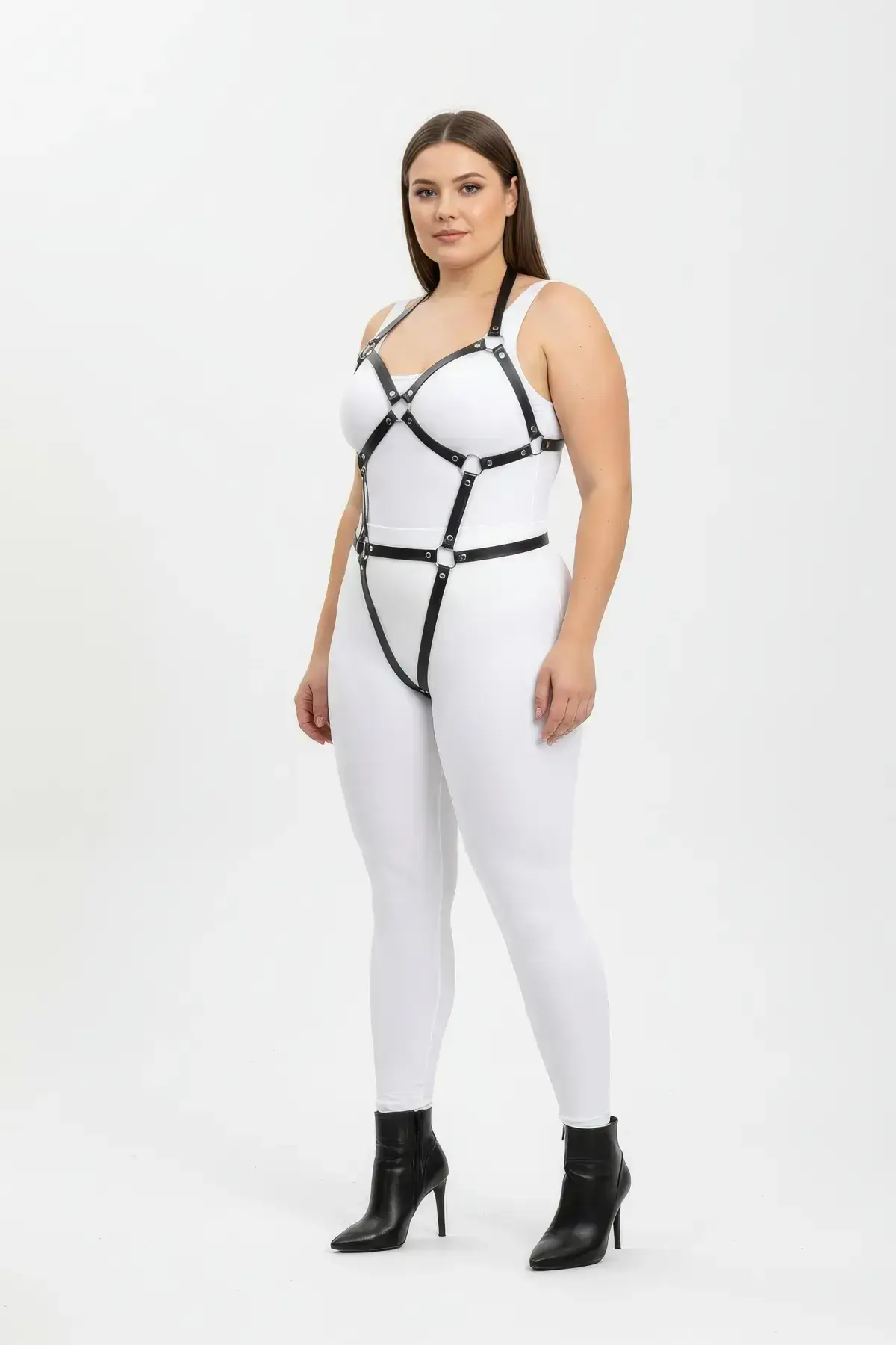 Büyük Beden Siyah Deri Halka Detaylı Body Harness Vücut Aksesuarı SH759