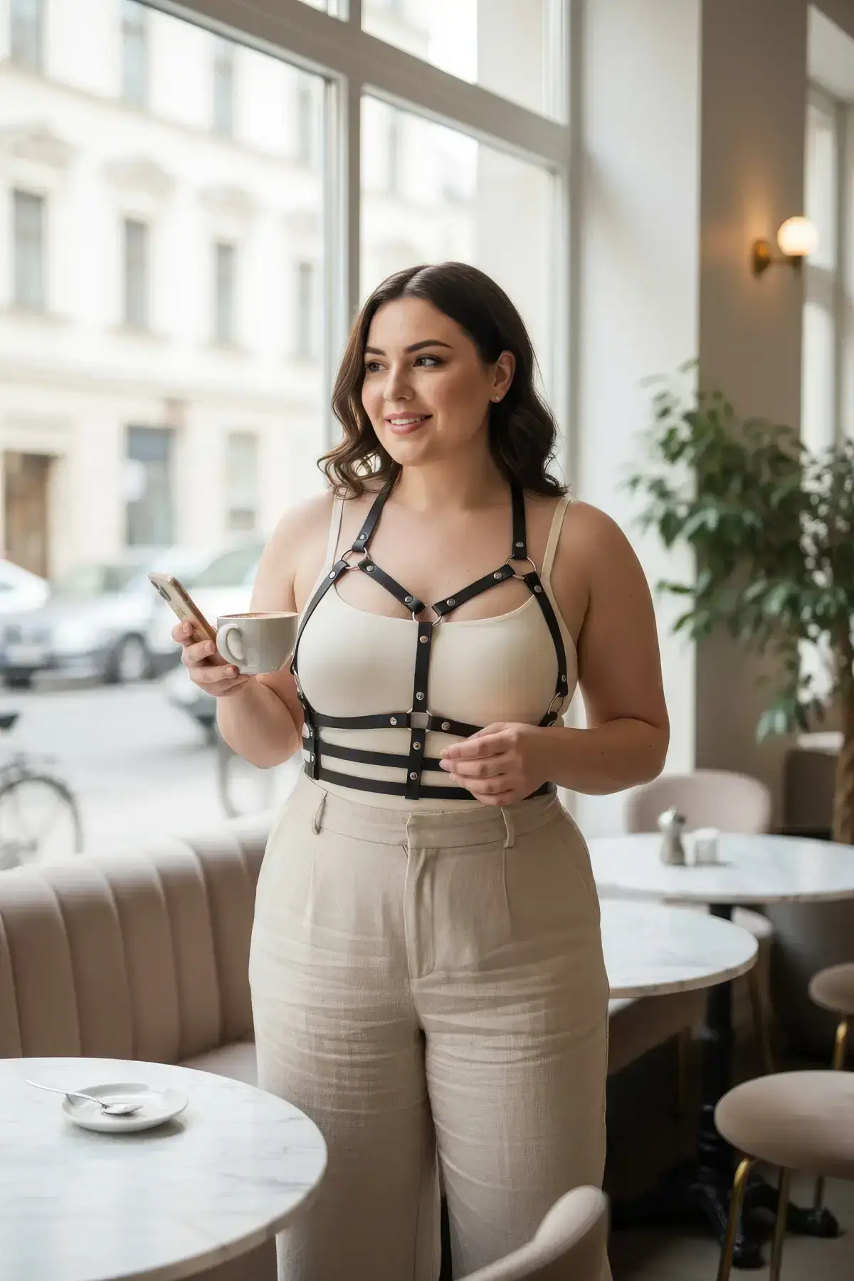 Plus Size Black Women's Leather Harness with Metal Details - SH760