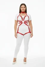 Büyük Beden Kırmızı Deri Halka ve Zincir Detaylı Jartiyerli Body Harness SH781 - Image 2