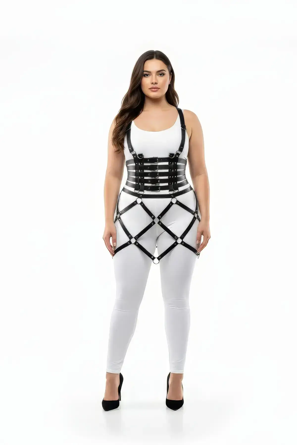 Büyük Beden Siyah Halka Detaylı Deri Etek Harness Vücut Aksesuarı SH785