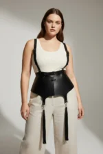 Plus Size Black Women's Leather Corset Belt with Shoulder Straps and Tassel Detail - SH787 - Image 5