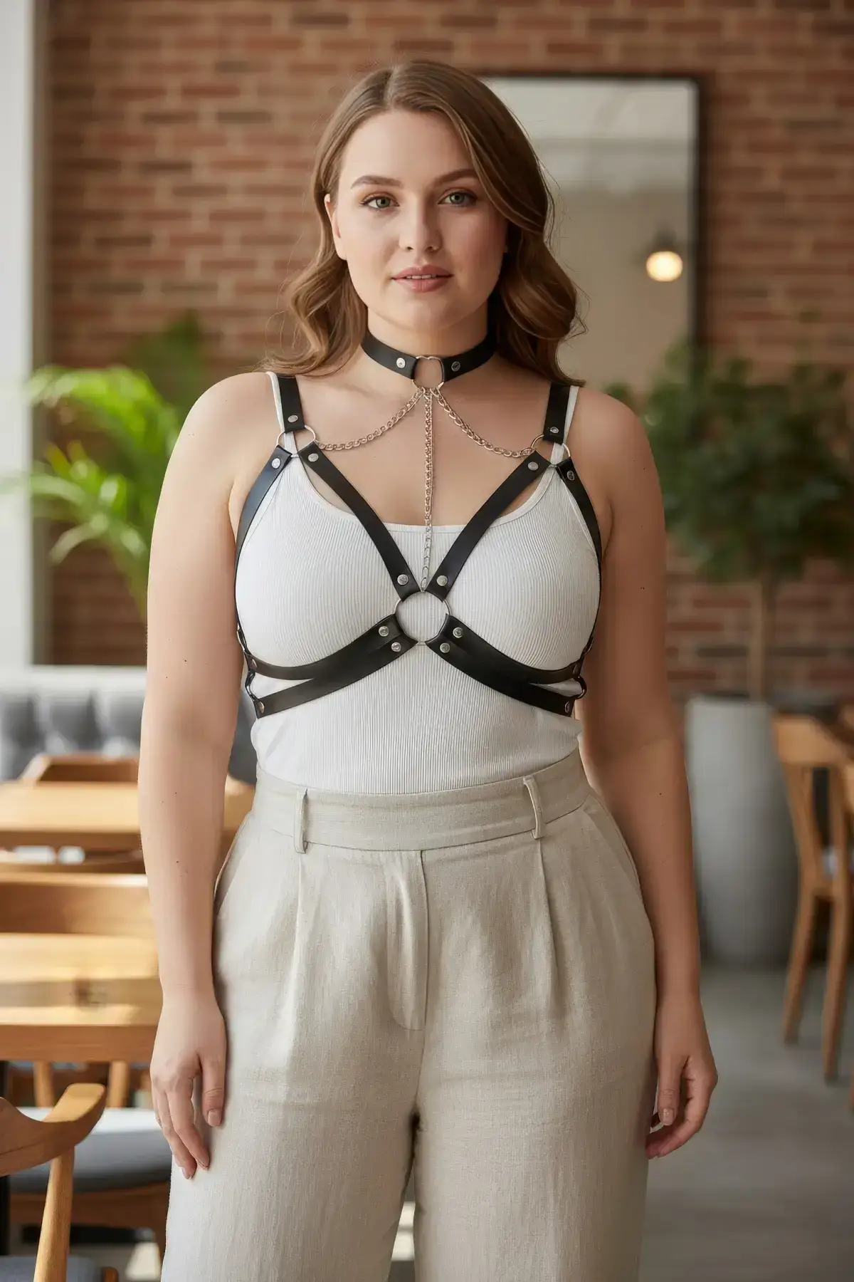 Plus Size Black Women's Leather Harness Body Accessory with Chain Detail - SH797