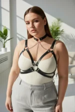 Plus Size Black Women's Leather Harness Body Accessory with Chain Detail - SH797 - Image 5