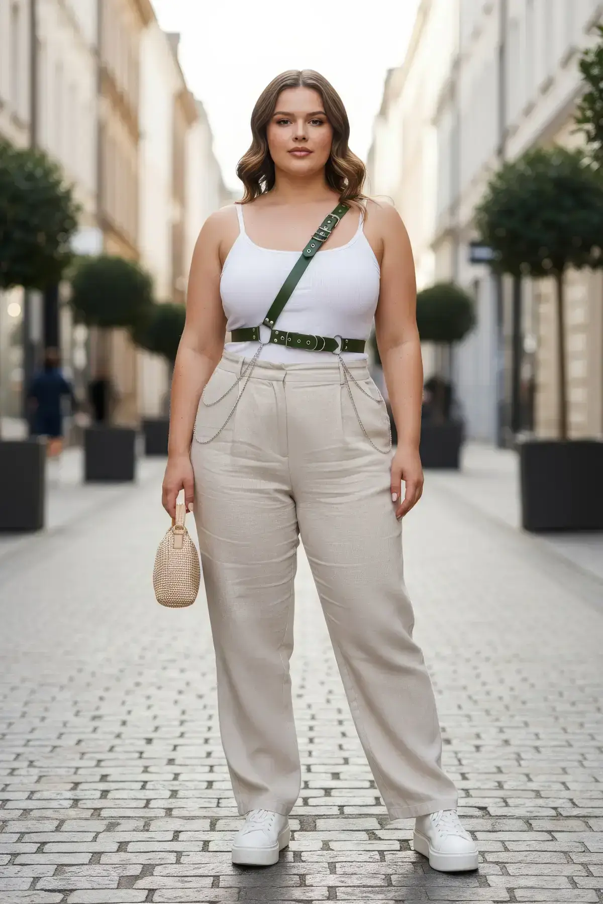 Plus Size Khaki Women's Leather Body Belt with Chain Detail - SH813