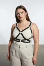 Plus Size Black Women's Leather Harness Body Accessory with Belt and Ring Detail - SH816 - Image 2