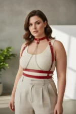 Plus Size Red Women's Leather Harness Body Accessory with Chain Detail - SH824 - Image 3