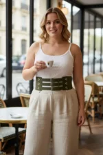 Plus Size Khaki Women's Leather Corset Belt, Three-Strap Thick Waist Accessory - SH827