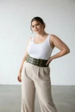 Plus Size Khaki Women's Leather Corset Belt, Three-Strap Thick Waist Accessory - SH827 - Image 2