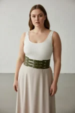 Plus Size Khaki Women's Leather Corset Belt, Three-Strap Thick Waist Accessory - SH827 - Image 3