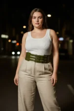 Plus Size Khaki Women's Leather Corset Belt, Three-Strap Thick Waist Accessory - SH827 - Image 4