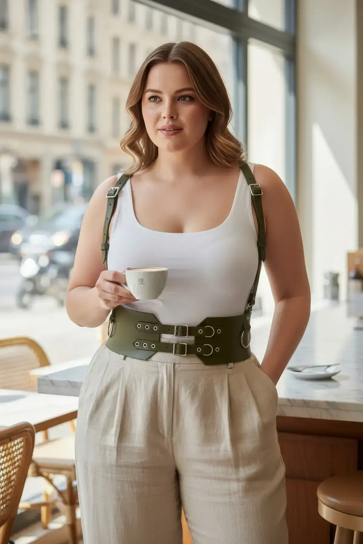 Plus Size Khaki Women's Leather Belted Shoulder Strap Corset with Eyelet Detail - SH853