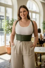 Plus Size Khaki Women's Corset with Belt and Lace-up Detail, Aesthetic Design - SH855