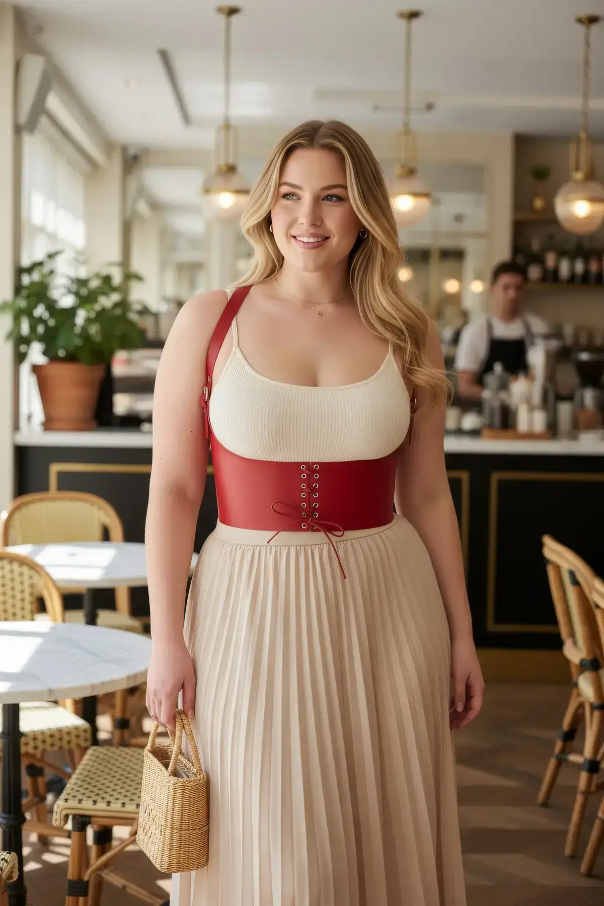 Plus Size Red Women's Belted Corset Style Shoulder Strap Dress - SH855