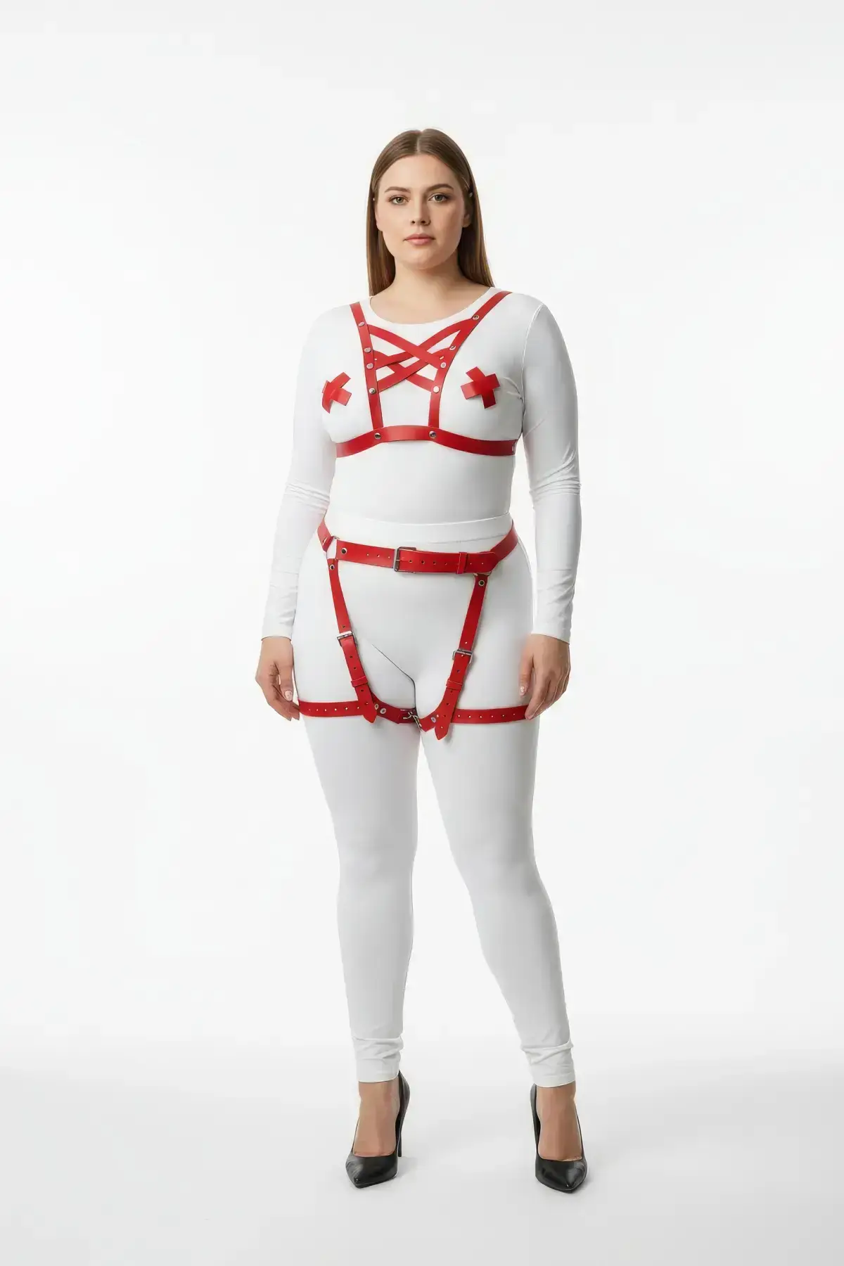 Plus Size Red Women's Harness Set Sexy Leather Garter - SH866