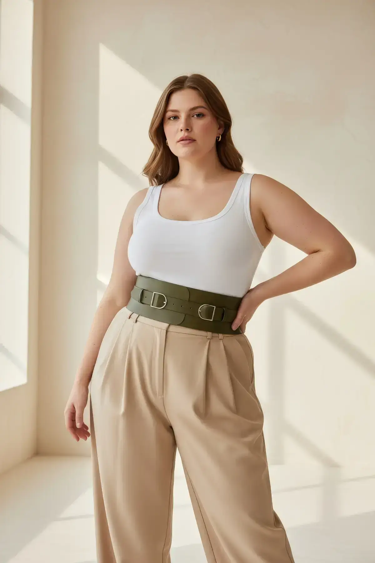 Plus Size Khaki Women's Wide Waist Belt Corset with Double Buckle Detail - SH875