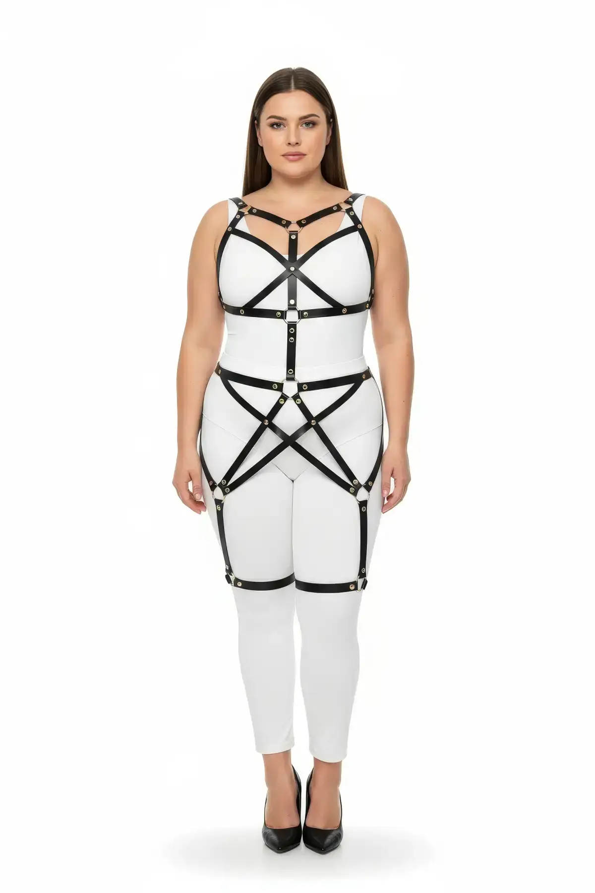 Büyük Beden Siyah Deri Metal Halkalı Full Body Harness SH894