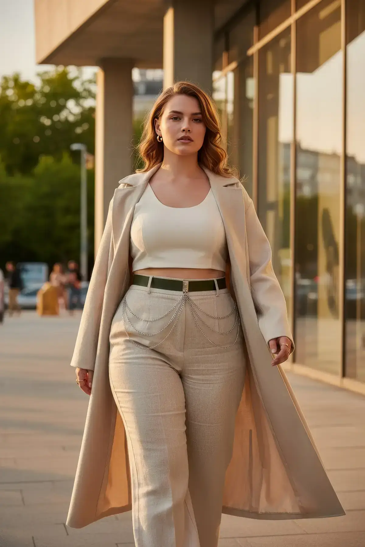 Plus Size Khaki Women's Leather Belt with Chain Detail Outfit Complementary - SH904